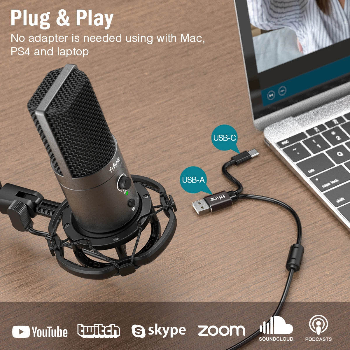 FIFINE USB C&A Gaming Streaming Microphone Kit for PC Computer, Arm Stand Mute Button&Gain,Studio Mic for Podcast Recording-T683