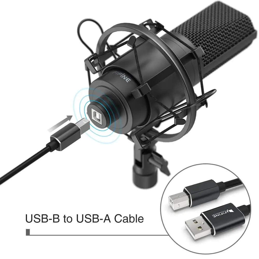 Fifine USB PC Condenser Microphone with Adjustable desktop mic arm shock mount for  Studio Recording Vocals  Voice, Vlog,Audio