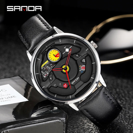 SANDA P1085 Fashion Men's Watch Innovative Skeleton Car Steering Wheel Waterproof Stainless Steel Chronograph Quartz Wristwatch